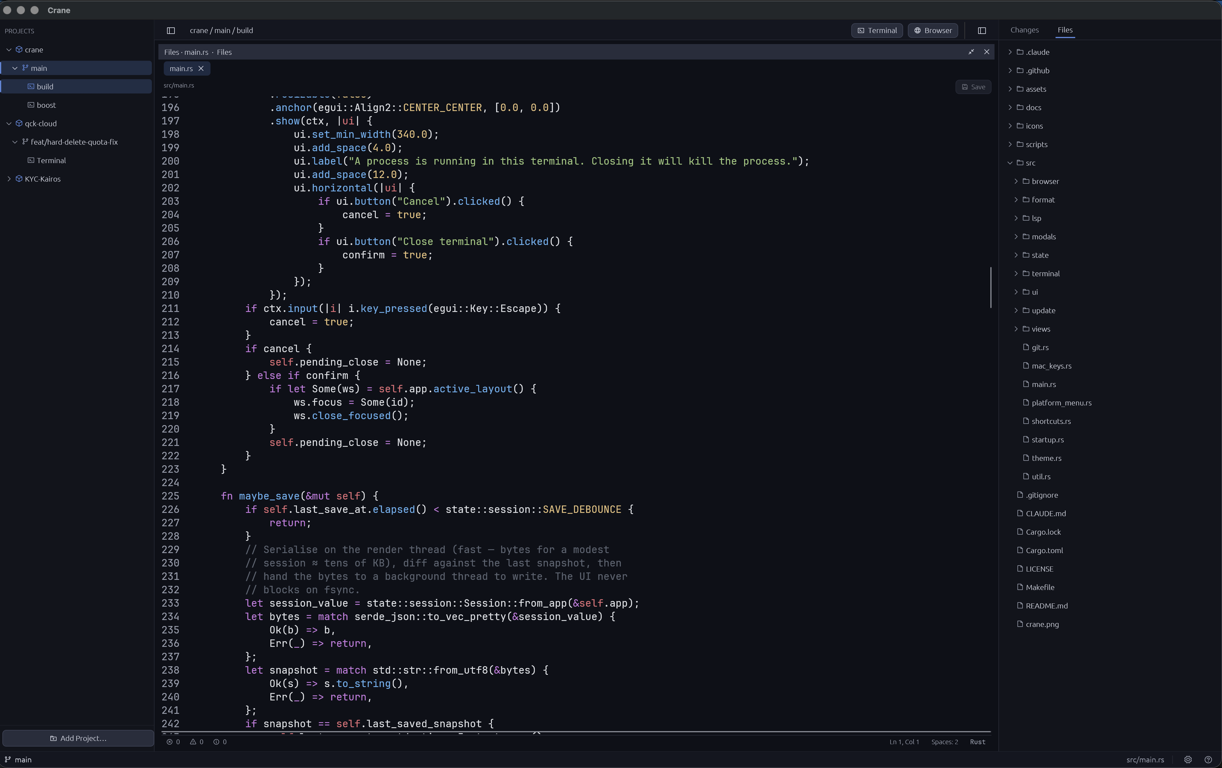 crane — terminal-first code editor screenshot
